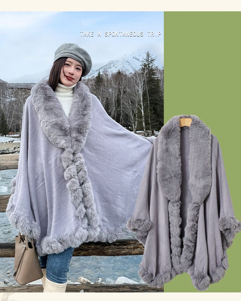 Cardigan oversize in maglia da donna con collo in pelliccia sintetica di coniglio – Caldo cappotto invernale a mantella, vestibilità ampia, stile street (beige/bianco/rosa/nero/grigio/caffè)_voghion.com