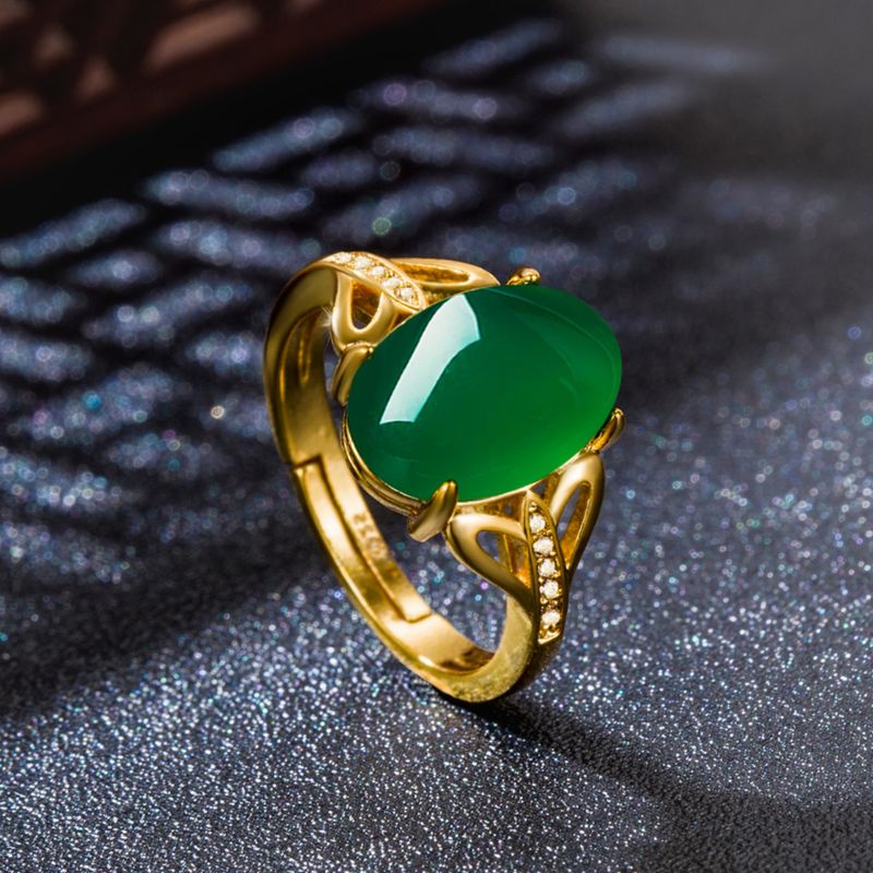 New Creative Green Agate Open Simple Diamond-Encrusted Ring Unisex Chalcedony Silver Jewelry_voghion.com