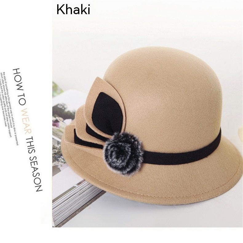 Wollzylinder-Hut, französischer Luxus, einseitiger Plüschball, Frühling und Herbst, englischer Feng Shui-Eimerhut, Vintage-Stil, eleganter kleiner Topfhut_voghion.com