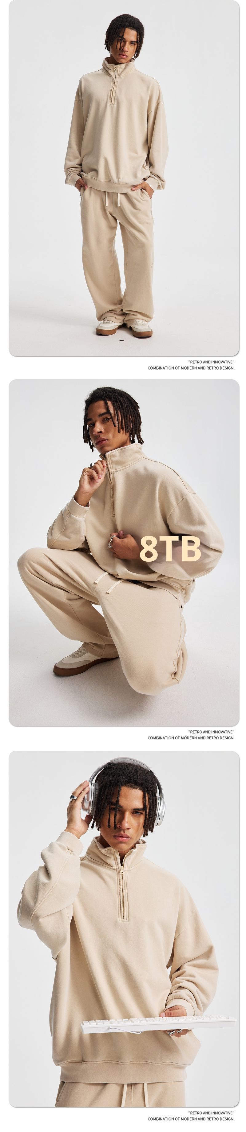 001 2025 Autumn Winter New Vintage Retro Terry Stand Collar Half-Zip Set Loose Trendy Brand Washed Sweatshirt Pants_voghion.com