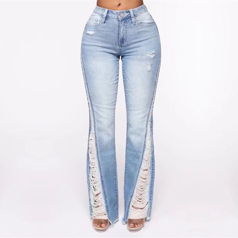 Damen Distressed High Waist Bootcut Jeans - Hellblaue Stretch-Jeanshose mit rohem Saumdetail, Übergröße erhältlich_voghion.com
