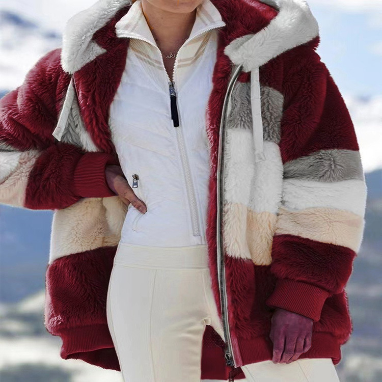 Autumn and winter warm plush patchwork zipper pocket hooded loose coat for women_voghion.com