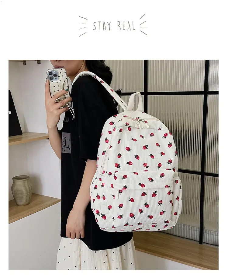 Corduroy Strawberry Backpack Student Multi Pocket Youth Adjustable Strap Notebook Outdoor Mochila Escolars 250408l_voghion.com