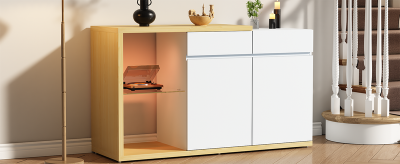 Buffet LED 120 cm de large, meuble de rangement multifonctionnel avec 2 portes et 2 tiroirs, meuble buffet avec éclairage LED_voghion.com