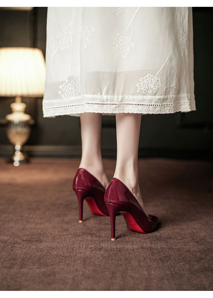 9000F Sivri Burun Kırmızı Taban İnce Topuklu Üst Sınıf His Kadın Fransız Tarzı Düğün Ziyafeti Zarif Seksi Seyahat Yüksek_voghion.com