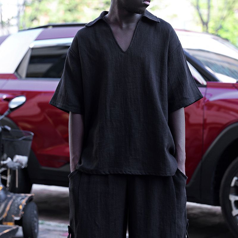 Herrenbekleidung Frühling und Sommer Poloshirt V-Ausschnitt Einfarbig Lässiger Zweiteiliger Anzug_voghion.com