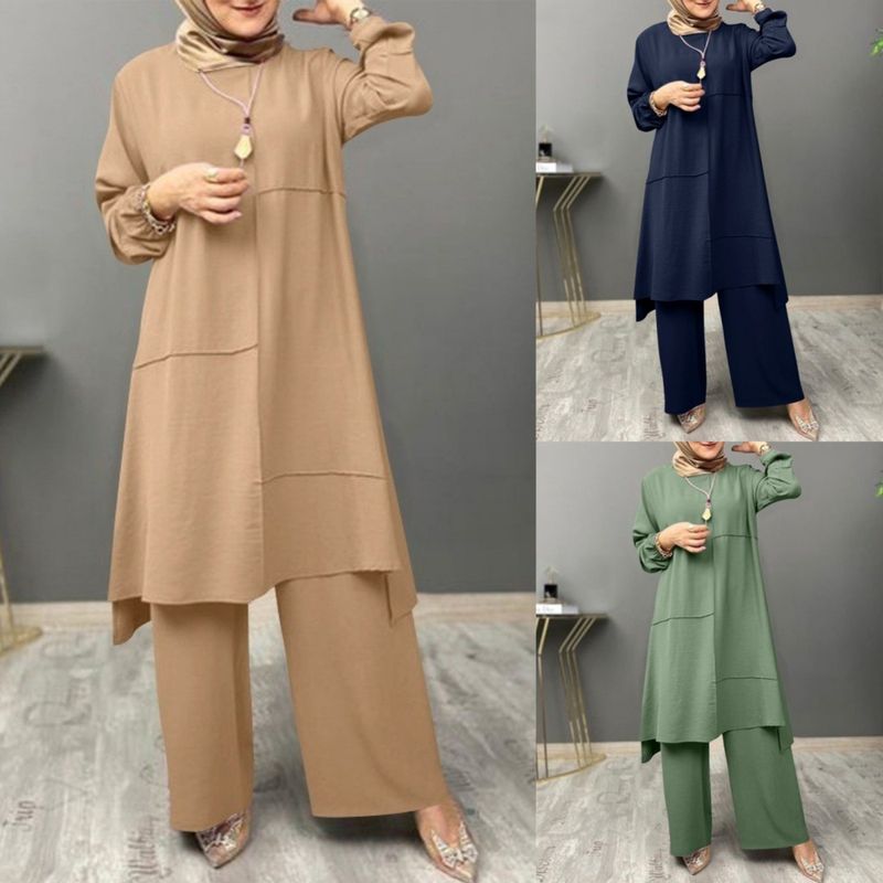 Abbigliamento da donna Musulmano Abbigliamento sportivo urbano da donna Completo due pezzi Elegante camicia a maniche lunghe Moda ampia Pantaloni a gamba larga Completo_voghion.com