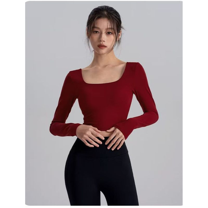2025 Style Yoga Shirt With Chest Pads, Beautiful Back Design, New Year Red Square Neck Slimming Top, Pilates Running_voghion.com