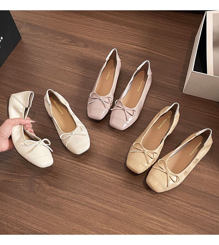 Square Head Bow Ballet Single Shoes Women's Flat-soled Laden Shoes French One-pedal Beanie Shoes_voghion.com