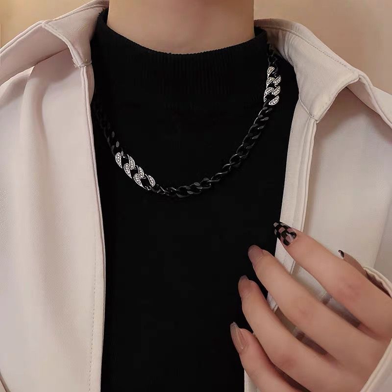 Black Cuban With Diamonds Men's Necklace Women's High-end Design Niche Ins Hip-hop Collarbone Chain Couple_voghion.com