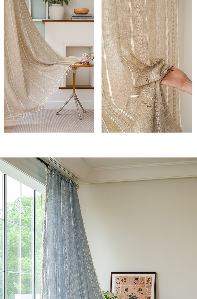 Gordijnen van linnenmix, semi-transparante gestreepte raamgordijnen - 100% natuurlijk katoen en polyester, Boho Chic kamerverdeler voor keuken/slaapkamer/balkon_voghion.com