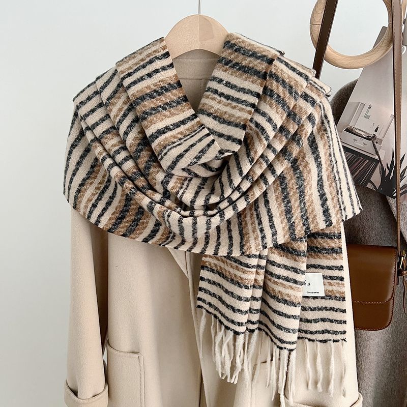 Sciarpa lunga a righe con frange, scialle oversize, calda e accogliente, autunno/inverno 2025_voghion.com