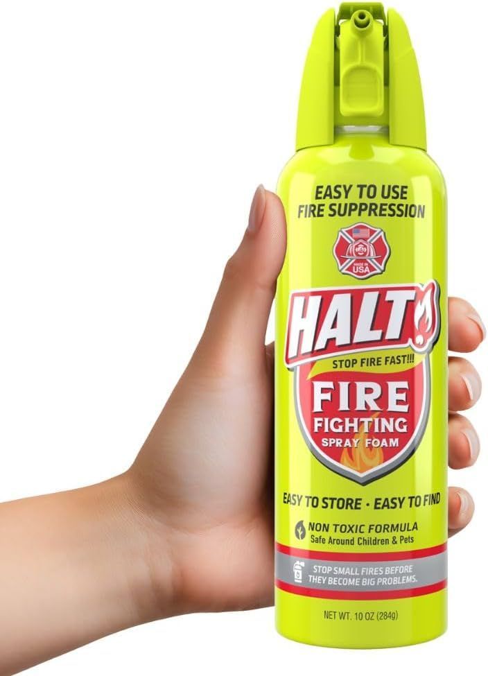 HALT! Handheld Fire Fighting Foam Spray – Non-Toxic, Easy To Use, Store, And Find In Emergency – Compact & Portable – Ideal For Home, Kitchen, Apartment, Car, BBQ, Tailgate – Made In USA (Single Pack)_voghion.com