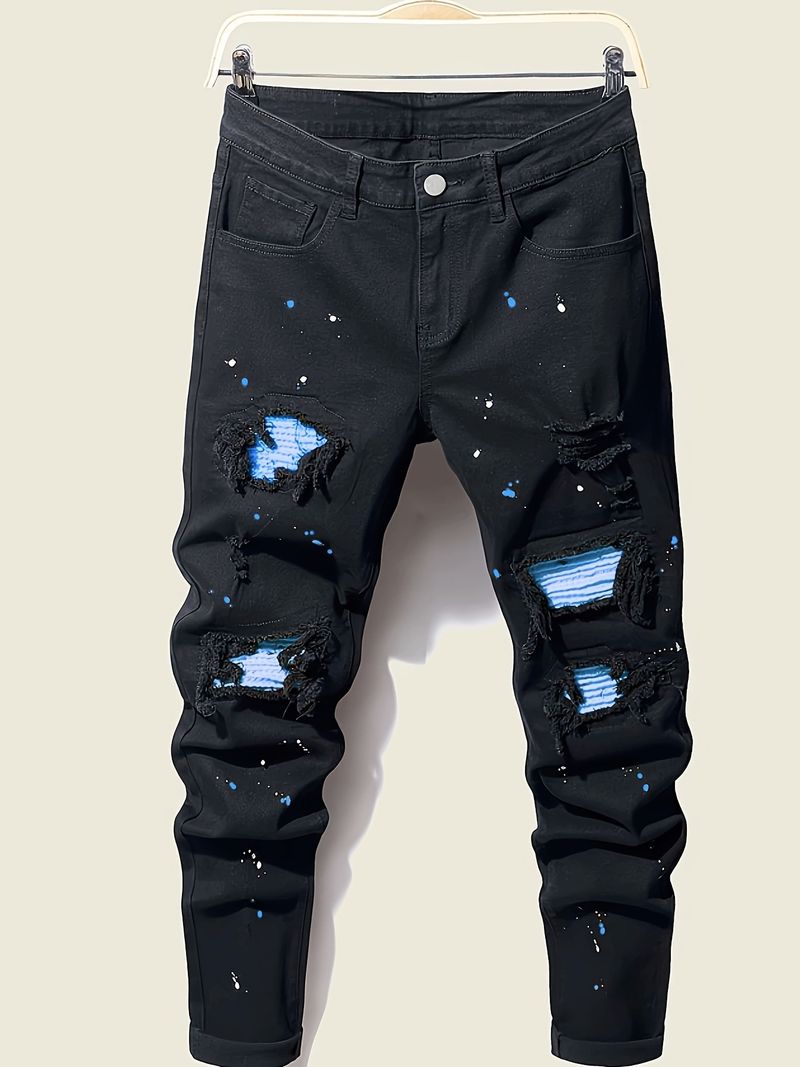Pánské slim fit kalhoty s inkoustovým vzorem a patchworkovým vzorem, sladěné barvy, nové pánské džíny Paint_voghion.com