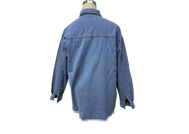 Damenbekleidung Übergroße Jeansjacke Lässiges langärmeliges Jeanshemd Distressed-Jeansjacke_voghion.com