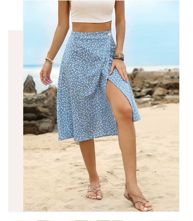 Jupe une pièce florale bleue à taille haute et fendue_voghion.com