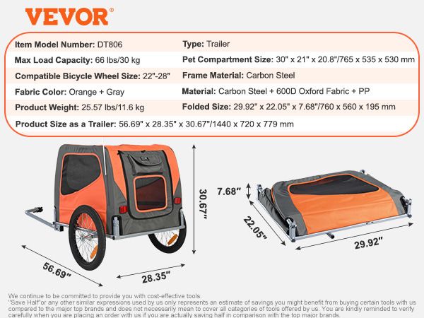 VEVOR Dog Bike Trailer, Supports up to 66 lbs, Pet Cart Bicycle Carrier, Easy Folding Frame with Quick Release Wheels, Universal Bicycle Coupler, Refl_voghion.com