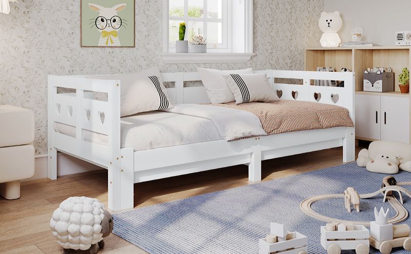 Tagesbett 90x200cm Ausziehbar, Massivkiefer, Mit Rollrost Herzform, Weiß_voghion.com