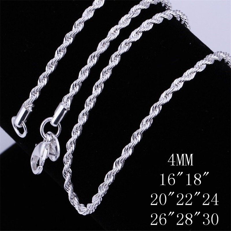 Collana con corda intrecciata lucida placcata argento da 4 mm, alla moda_voghion.com