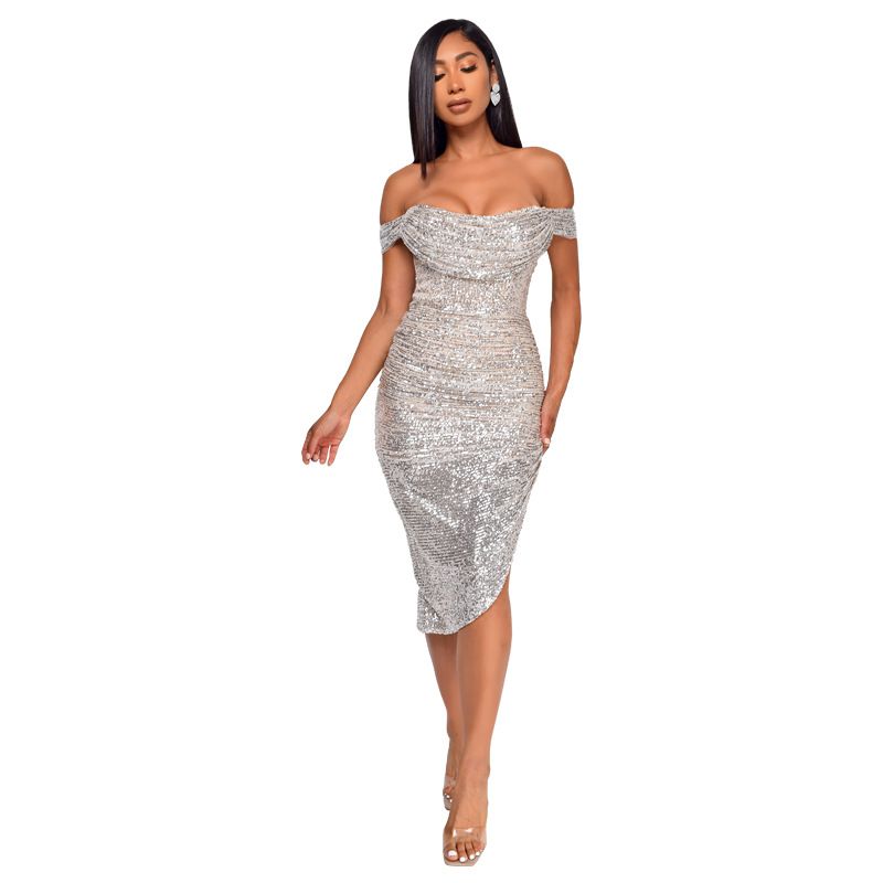 Verve Women's Summer Sequin Side Slit Gown French Off-Shoulder Bodycon Dress_voghion.com