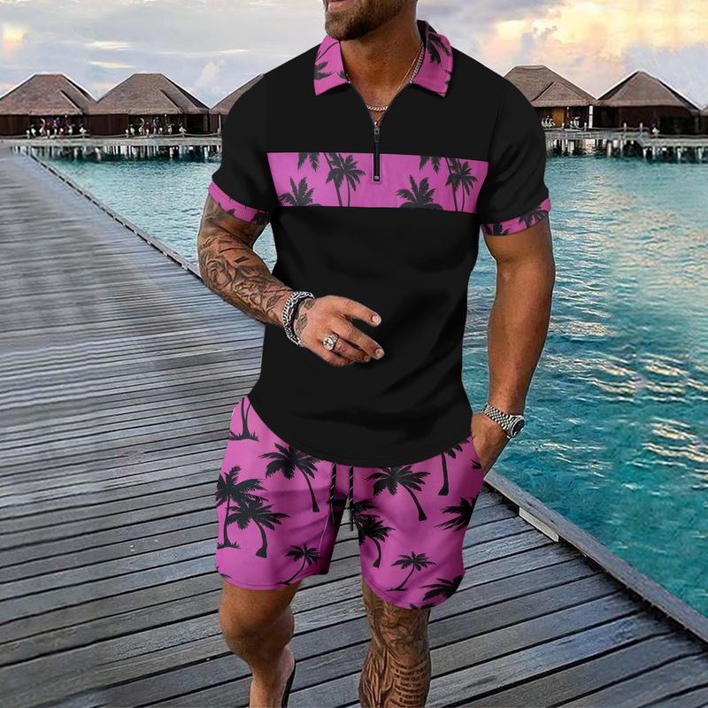 2-piece Men's Summer Holiday Style Outfit Set Short Sleeve Zip Golf Shirt & Waist Drawstring Shorts With Pockets Beach Resorts_voghion.com