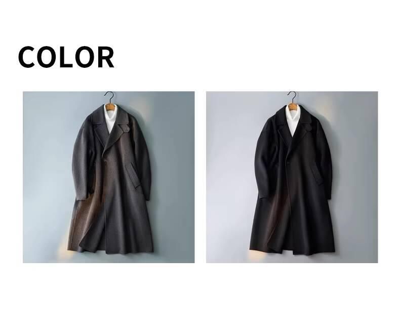 Double-Sided Coat For Men, Mid-Length, Korean Style, Loose Fit, Turn-Down Collar, Casual Full Wool Gray Trench Coat,_voghion.com