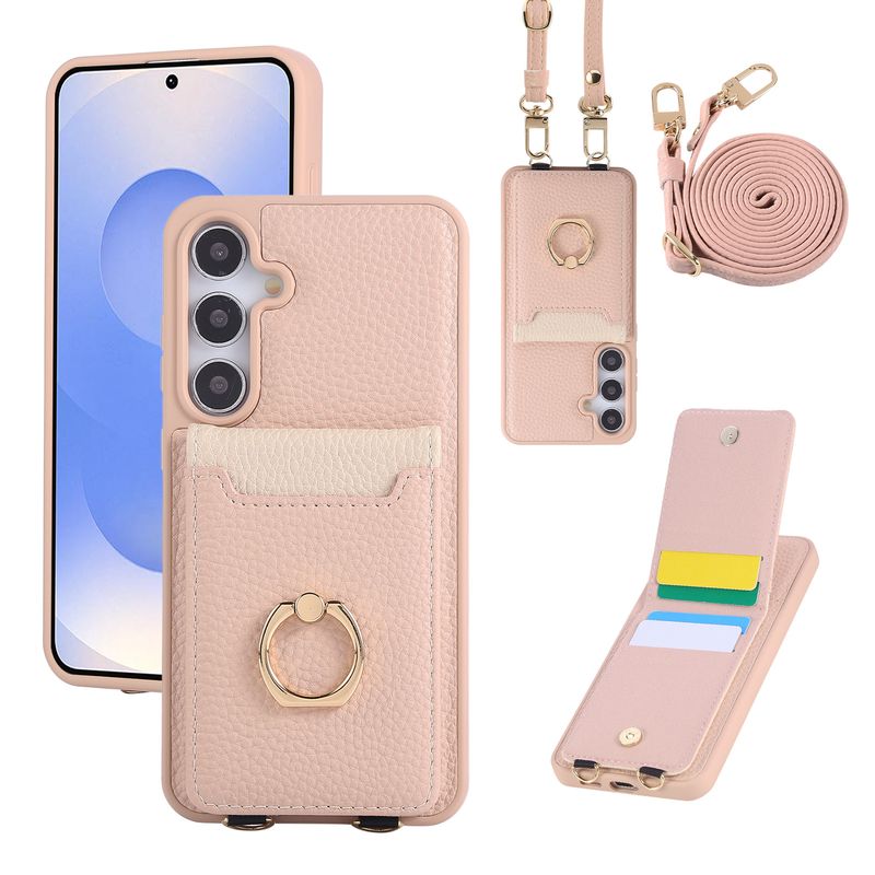 Adatto per Samsung S25 Ultra Custodia in pelle per cellulare con slot per schede S24 S23 Custodia per cellulare con anello con motivo a litchi e cordino_voghion.com