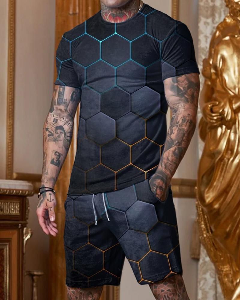 Ongeëvenaarde kwaliteit 2025 Zomer Heren Trendy Casual Strand Stijl Textuur 3D Digitaal Bedrukt T-shirt Shorts Set_voghion.com