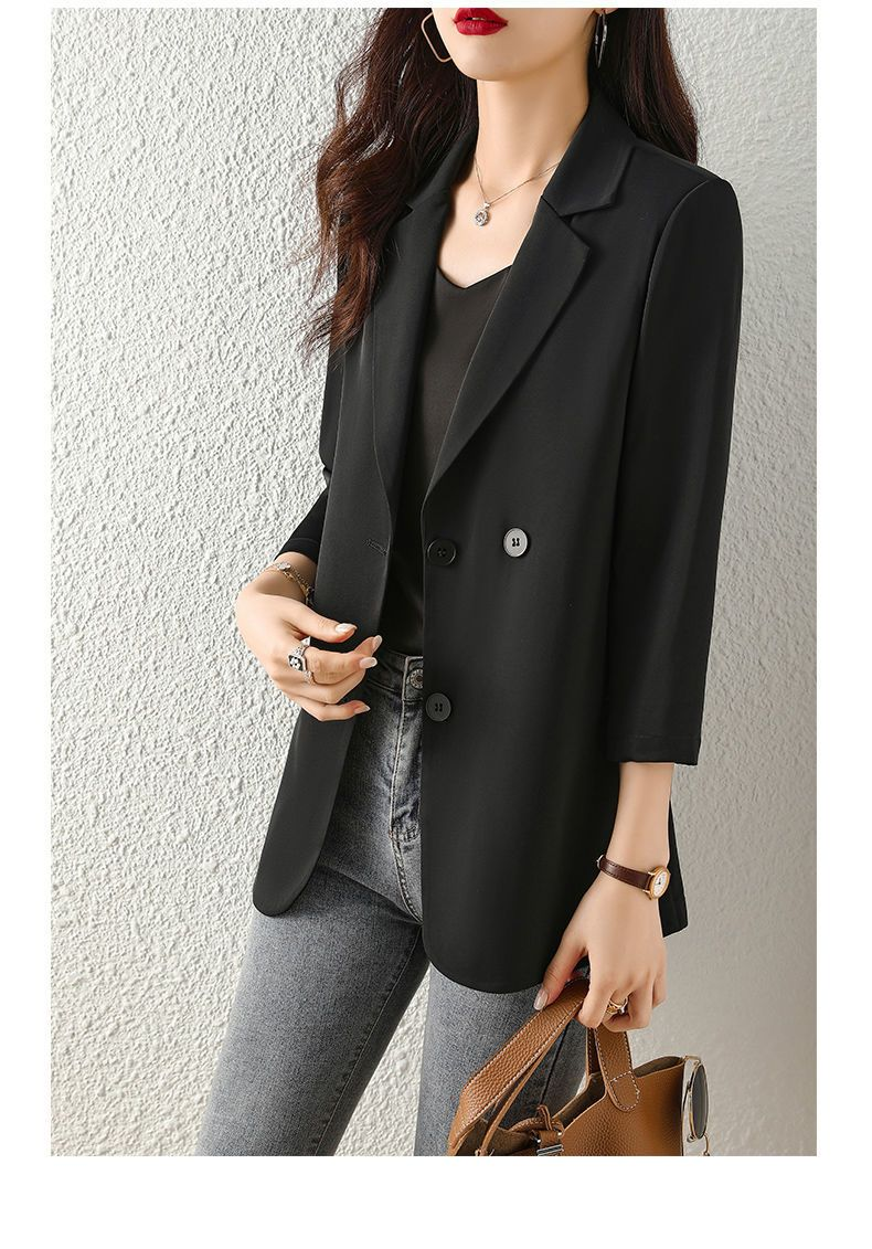 WTEMPO Spring Summer Suit Jacket Women's Fashion Thin Three-Quarter Sleeve Casual Blazer Outerwear Lightweight Split_voghion.com