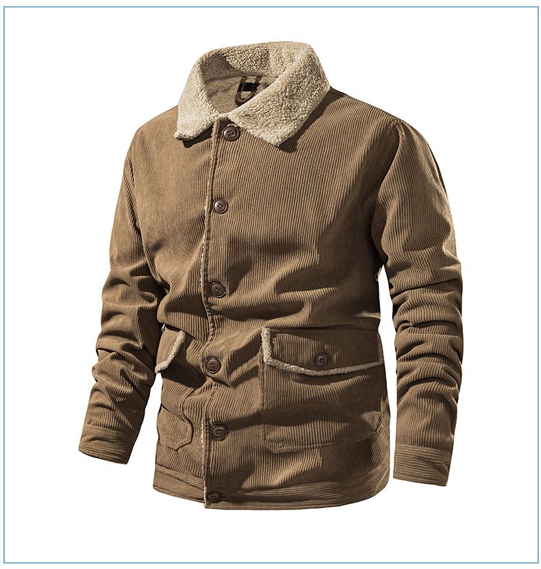 "Herrenjacke aus Cord und Lammfell mit Revers – Plüschiger, dicker Mantel in großer Größe (Schwarz/Grün/Hellbraun, S-XXL)"_voghion.com