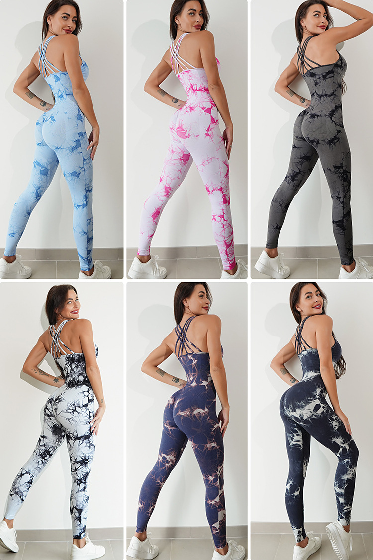 Combinaison de Yoga tout-en-un pour femmes, teinture par nouage, sans manches, élastique, levage des hanches, sport serré, séchage rapide_voghion.com