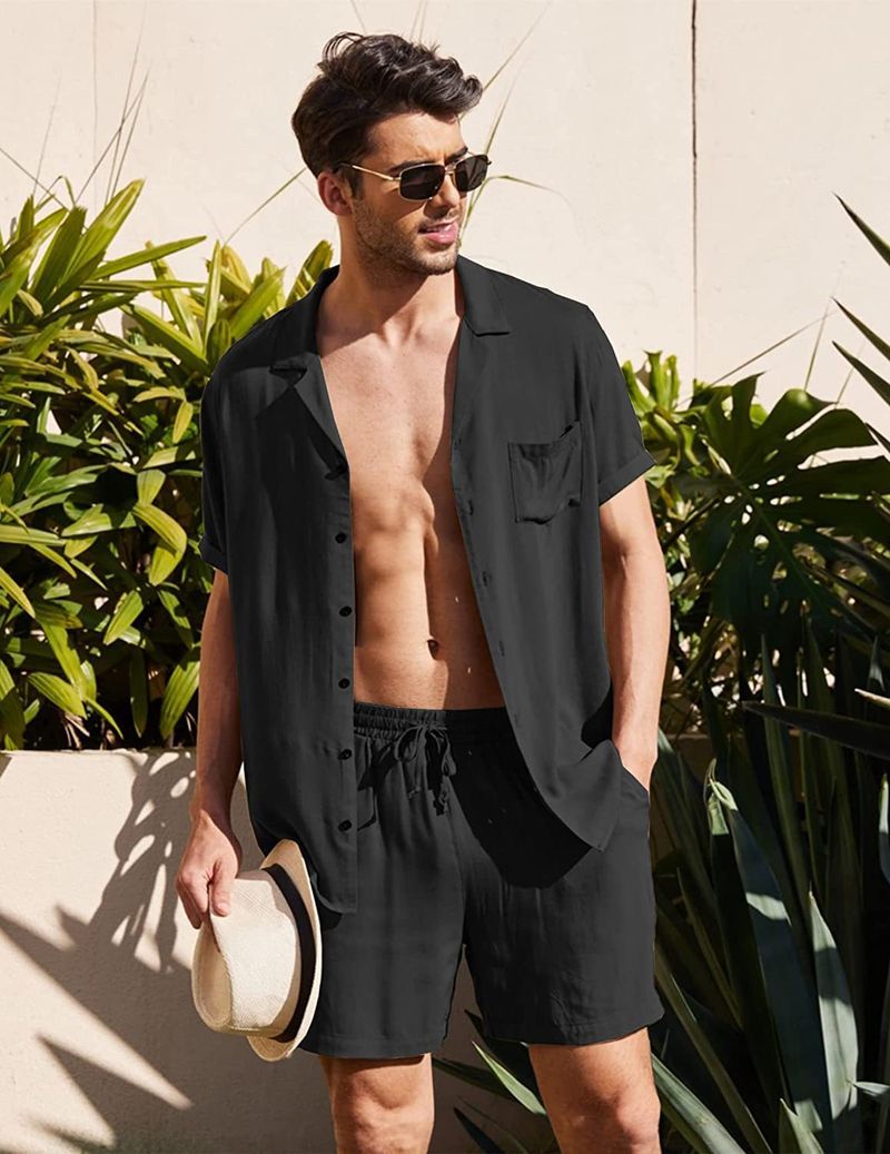 Conjunto de camisa de manga corta de lino para hombre, cárdigan informal holgado de lino y algodón para verano, camisa y pantalones cortos_voghion.com