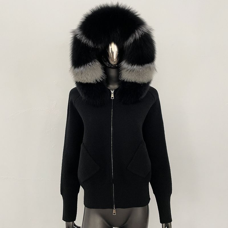 Luxuriöse Strickjacke mit Kapuze und Fuchspelzbesatz – Weicher Strickpullover aus Schaf-Kaschmir-Mischgewebe für Damen, eleganter, locker sitzender Freizeitpullover_voghion.com