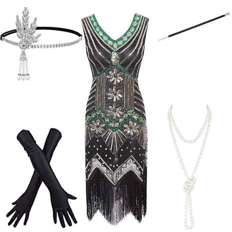 Female 1920s Gatsby Ball Sparkle Tassel Set Banquet Party Evening Dress Women's Wear_voghion.com