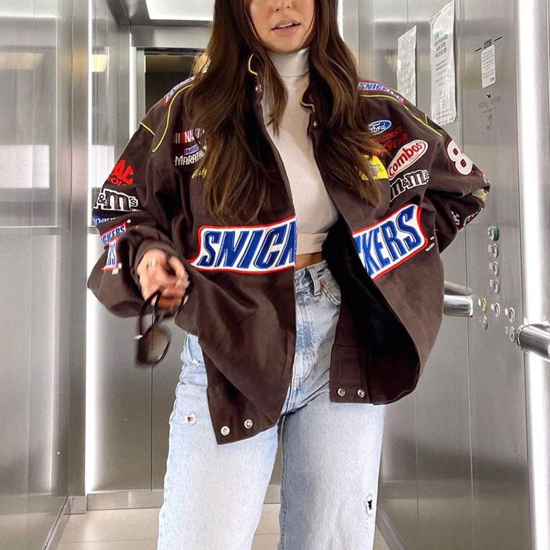 Giacca casual a maniche lunghe con stampa a blocchi di colore, stile motociclista, da donna, internazionale_voghion.com
