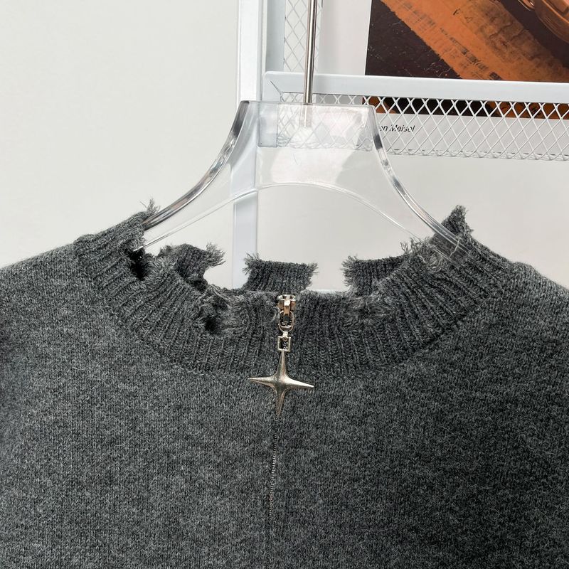 Maglione da uomo in maglia effetto consumato con mezza zip – Pullover streetwear oversize con orlo grezzo_voghion.com