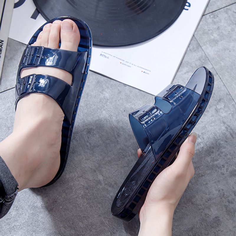 Modieuze en comfortabele zomer nieuwe transparante kristallen draagbare heren met antislip platte onderkant plastic één lijn_voghion.com