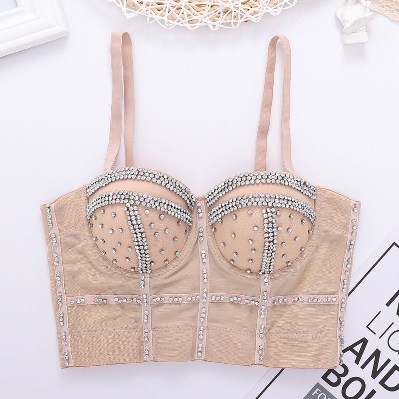 Damenbekleidung Perlenbesetztes Diamant-Tube-Top Fischgrätenmuster Formende Oberbekleidung BH-Stange Performance-Kleidung Geraffte, strapazierfähige Hosenträger Damentrend_voghion.com