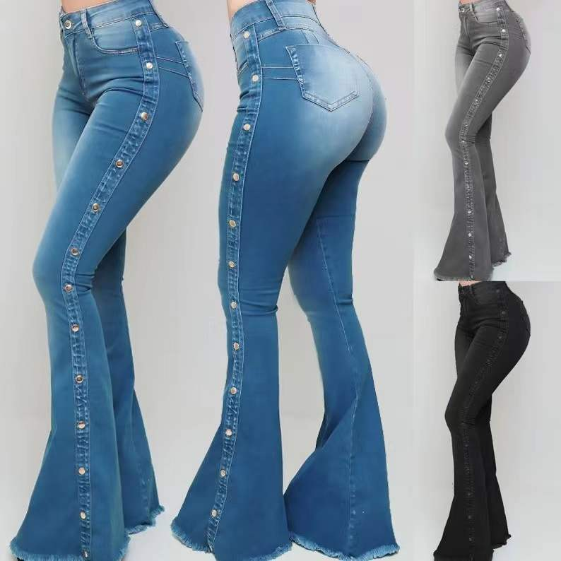 Beliebte Damenhose mit hoher Taille, Stretch, bodenlang, ausgestellte Jeans_voghion.com