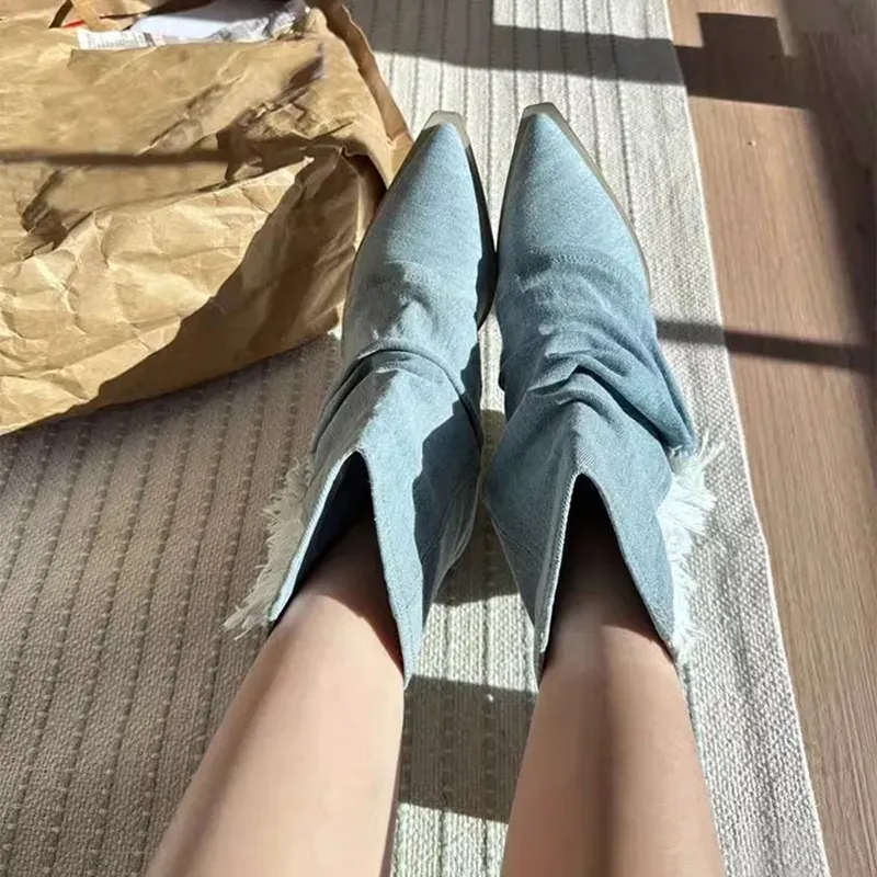 Falten Blue Denim Oberschenkelhoch für Frauen 2024 Frühling Dickabsatz Spitzschuh Cowboy Frau Slip On Western Lange Stiefel_voghion.com