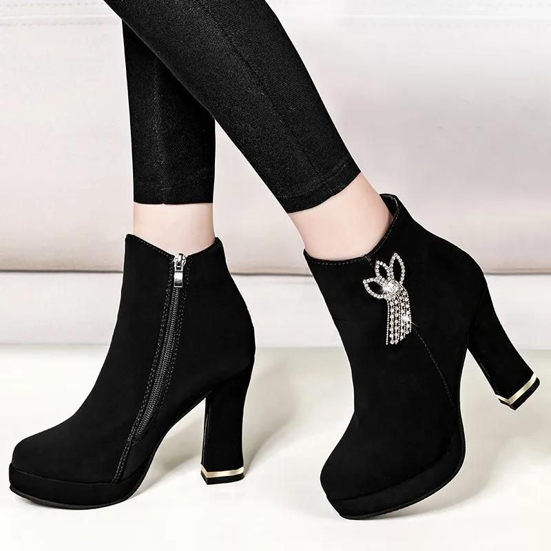 Fashion Comemore Herbst Winter 2024 Neue hochhackige Stiefeletten Sexy Mode Stiefel für Frauen Strass Dicken Absätzen Plattform Kurze boot_voghion.com