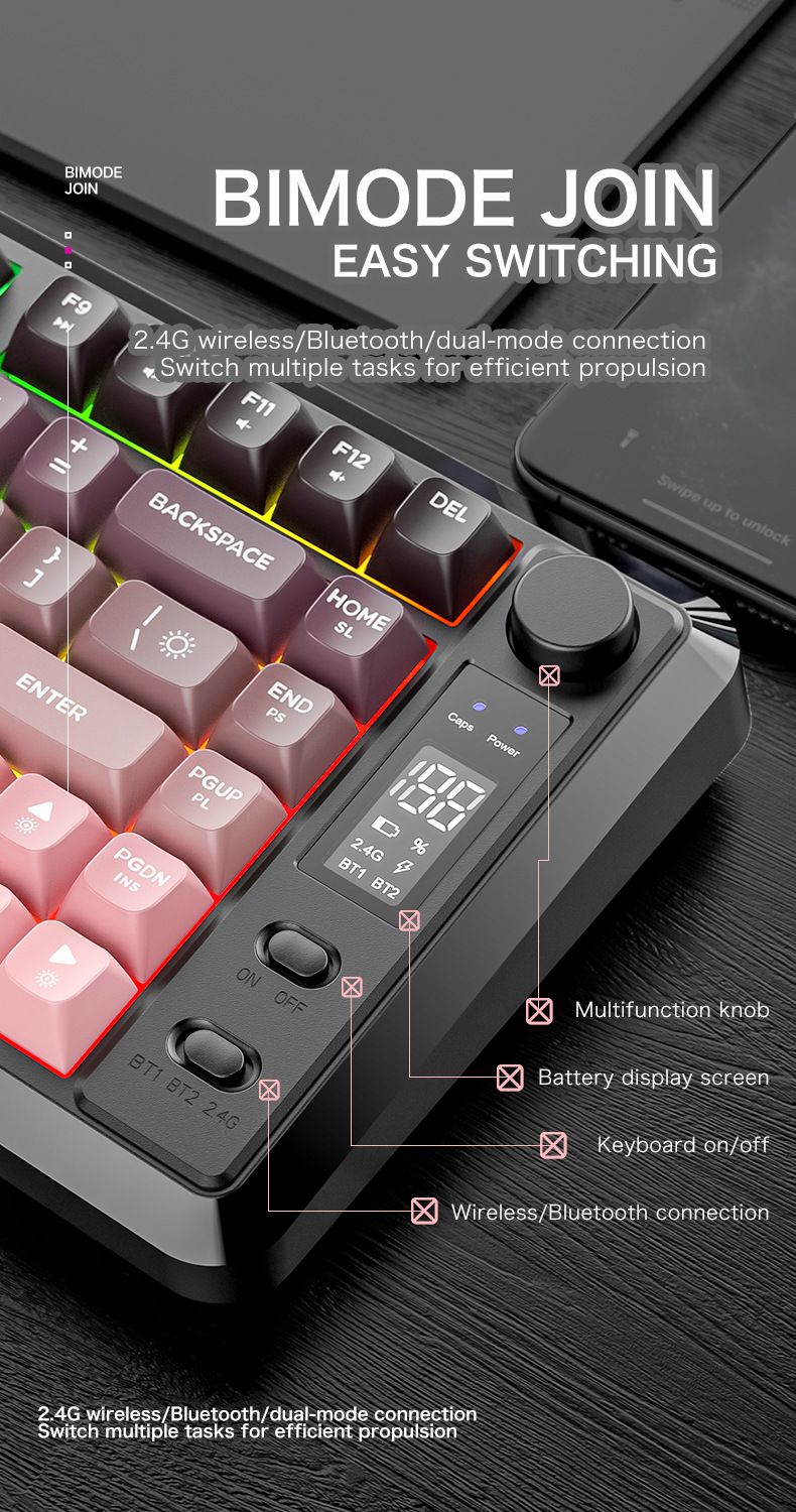 Free Wolf M75 Drahtlose Bluetooth Dual Modus Mechanische Tastatur PBT Allmählich Ändern Ball Kappe Mit Display Spiel Tastatur_voghion.com