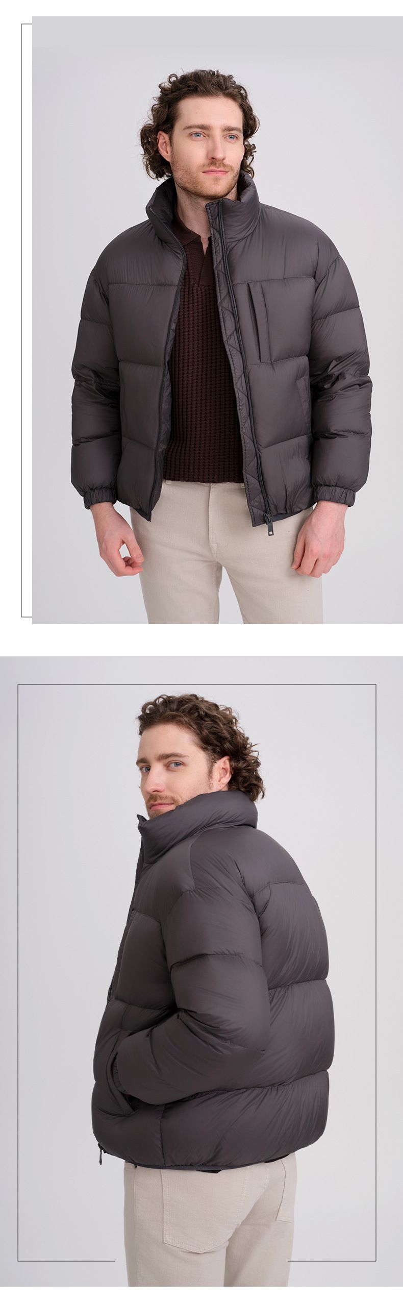"Men's Short Puffer Jacket With 90% White Duck Down, 550 Fill Power, Thick Winter Coat For -20°C, Stand Collar & Zip Front (Black/Rock Gray)"_voghion.com