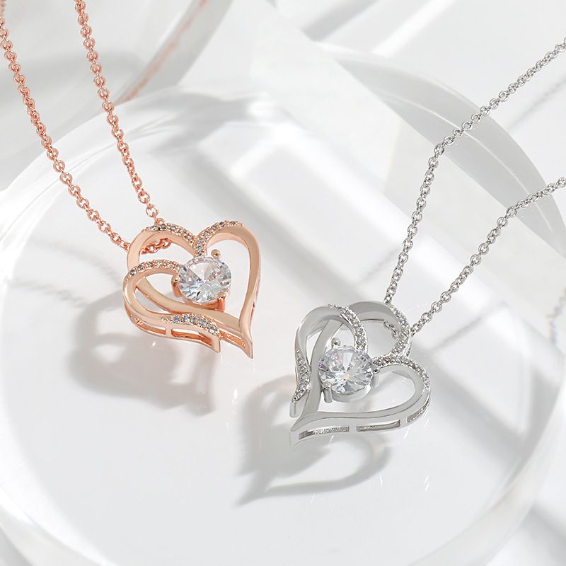 Platinum Double Pendant Decorated With Female To Heart, And Elegant Temperament, High Sense, Zircon Heart Necklace_voghion.com