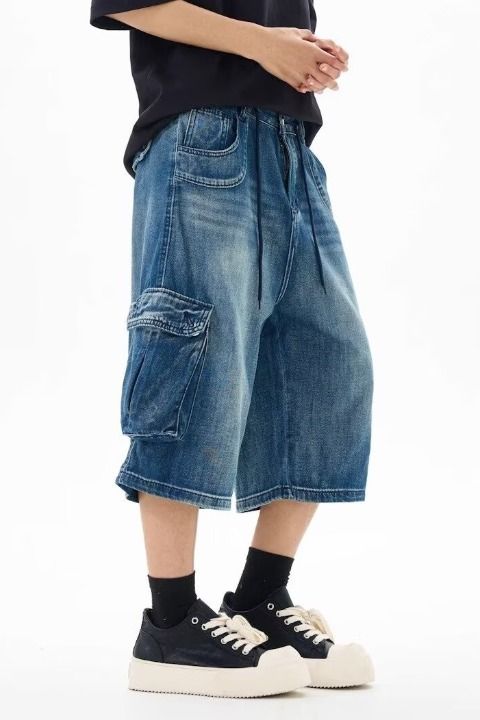 Summer New American Style Loose Fit Three-Dimensional Pocket Capri Pants Unisex Cargo Denim Shorts Versatile Slimming_voghion.com