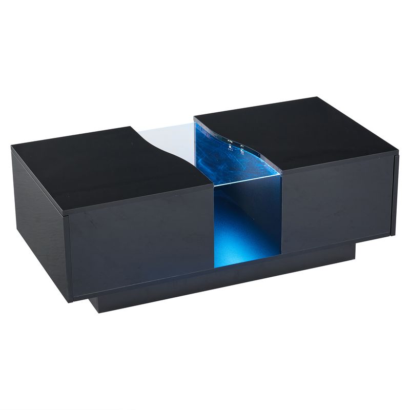 Table basse moderne à LED avec 2 tiroirs, 100 x 50 x 35 cm, plateau en acrylique noir brillant avec éclairage LED, table d'appoint en MDF pour salon et chambre._voghion.com