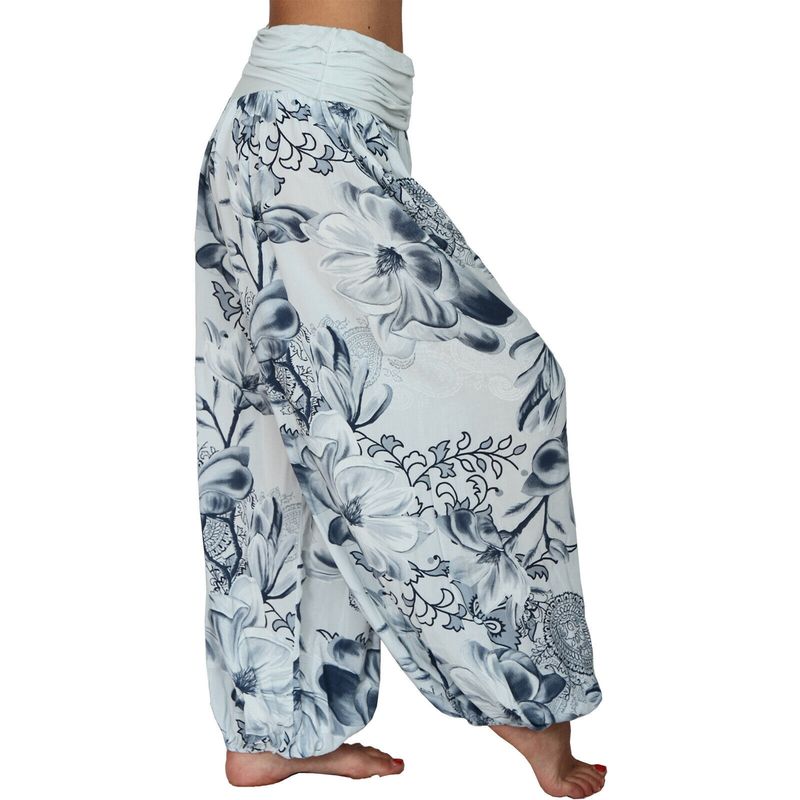 Plus Size Boho Pants, Women's Plus Floral Print Ruched Low Waist Loose Comfy Harem Pants_voghion.com