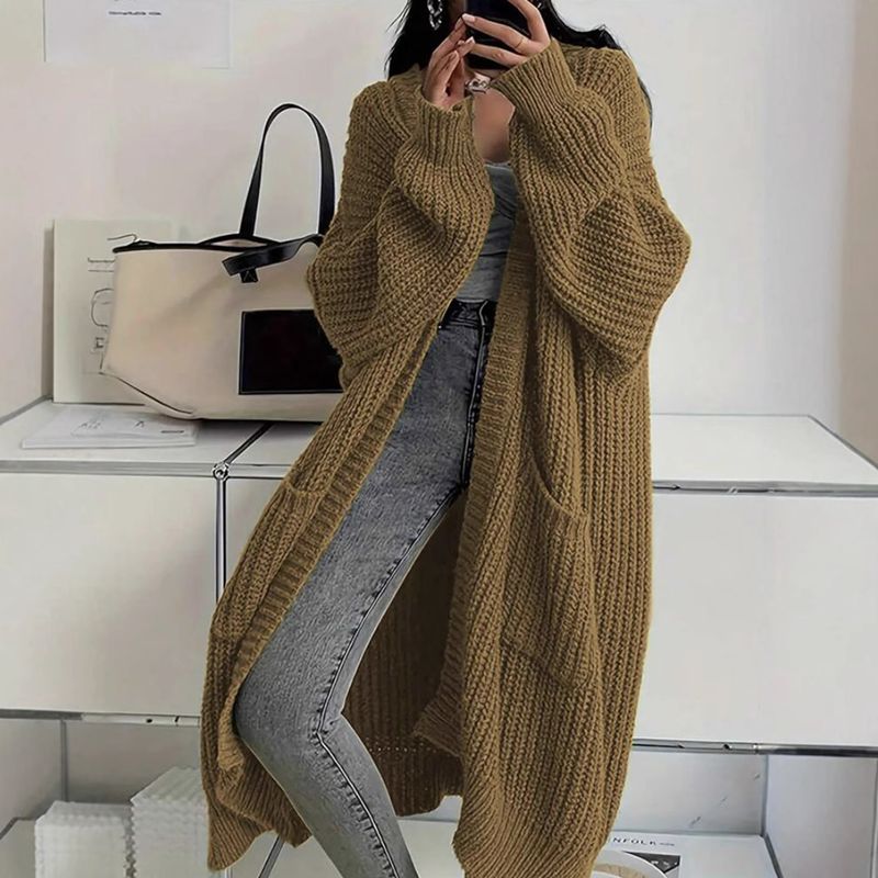 Oversized Longline Knit Cardigan For Women – Cozy Open-Front Sweater Coat With Extra Length, Thick Acrylic Blend For Autumn & Winter_voghion.com