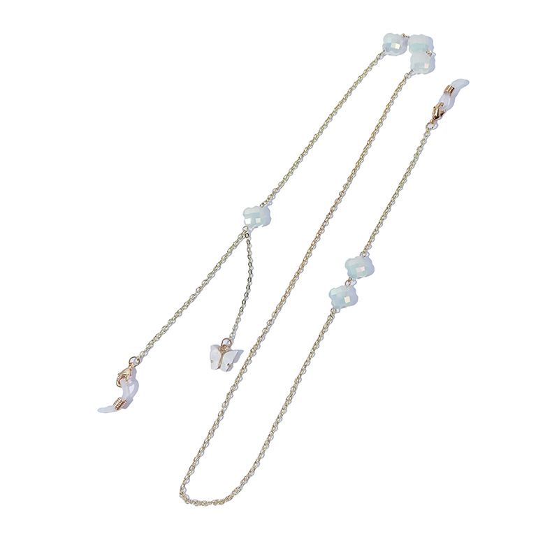 Cadena para gafas sencilla con máscara de retención de color dorado y trébol de cuatro hojas de alta gama._voghion.com