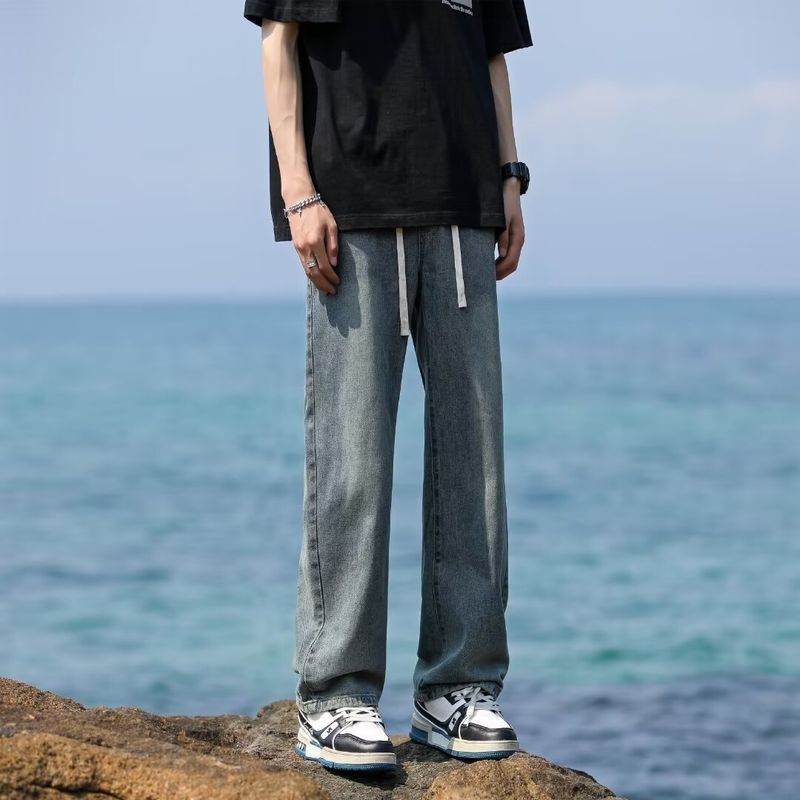 Retro jeans for men's summer versatile American wide leg casual pants with elastic waist drawstring and loose straight leg pants_voghion.com
